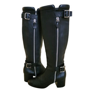 Chanel Black CC Tall Knee Length Logo Leather Riding Boots Block Heel 6 36.5